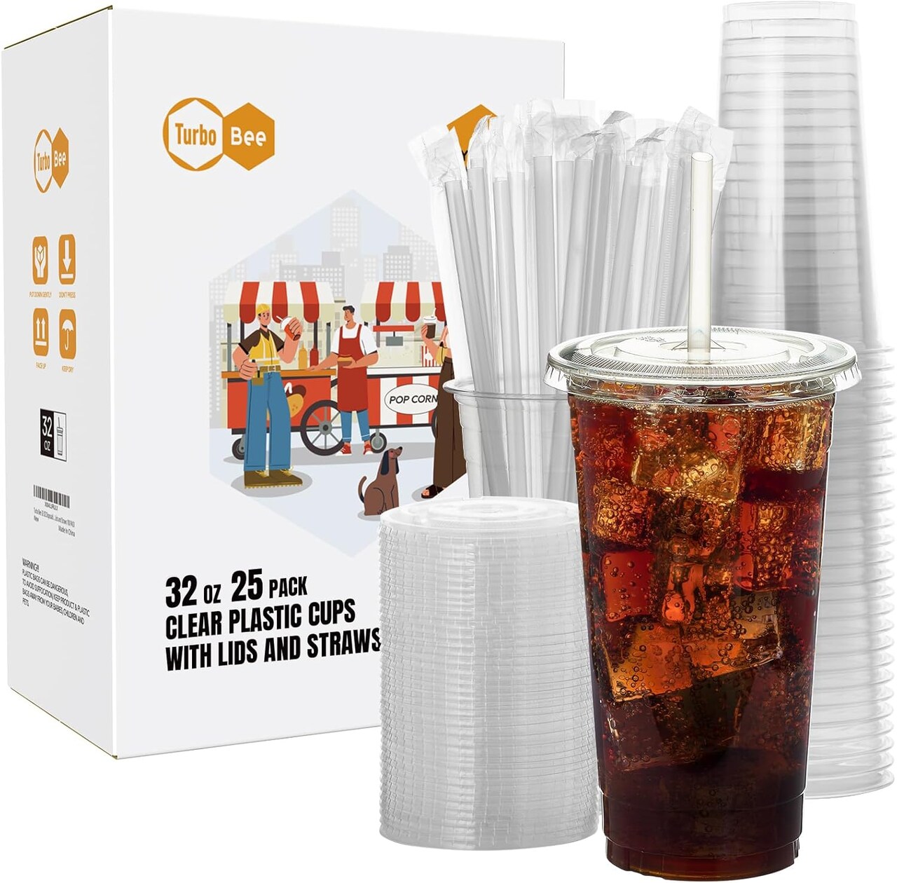 25 Sets 32 OZ Clear Plastic Cups with Lids and Straws, Disposable To Go Iced coffee cups with lids for Cold Drinks, Smoothie, and Slushie